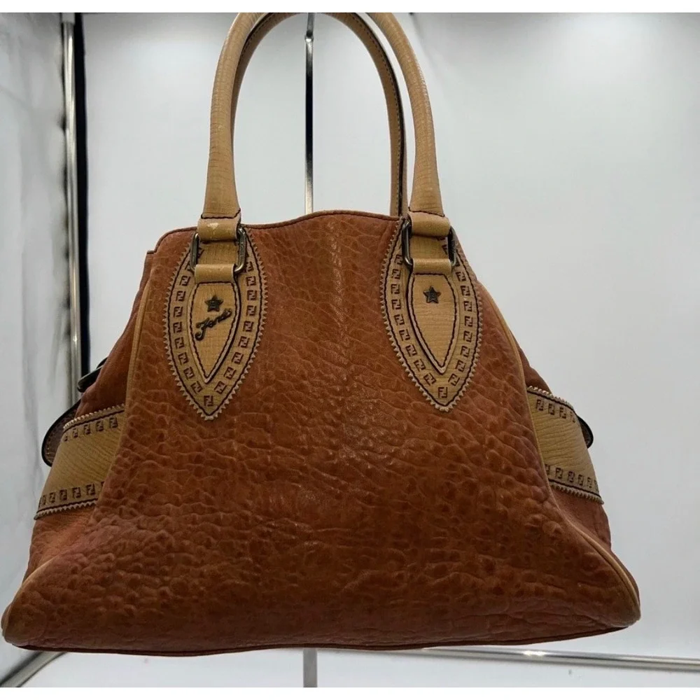 Fendi Du Jour RARE Embossed Leather Satchel Designer Handbag F Logo Details